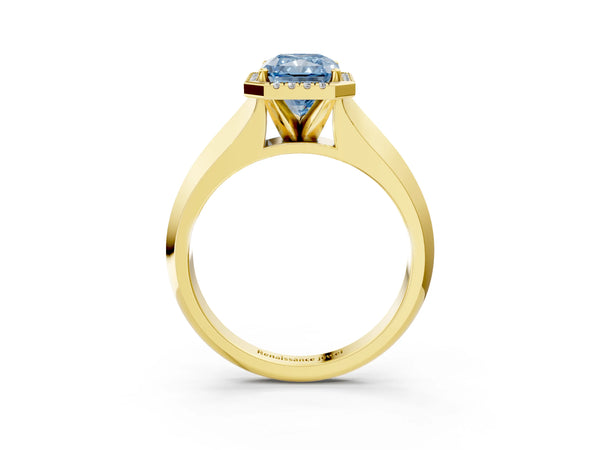 Yellow gold Fancy Blue Radiant  Halo Diamond Ring with Cathedral Band and Four-Prong Setting