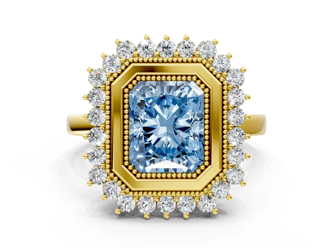 Yellow gold Fancy Blue Radiant  Halo Diamond Ring with Milgrain Edge and Round Prong Setting_25