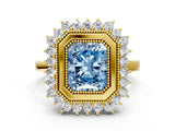 Yellow gold Fancy Blue Radiant  Halo Diamond Ring with Milgrain Edge and Round Prong Setting_25