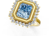 Yellow gold Fancy Blue Radiant  Halo Diamond Ring with Milgrain Edge and Round Prong Setting_26