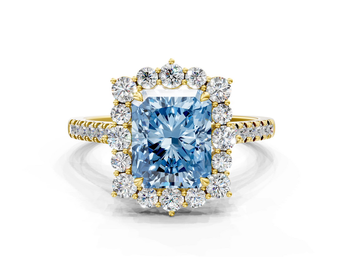 Yellow gold Fancy Blue Radiant  Halo Diamond Ring with Pavé Band and Prong Setting_37
