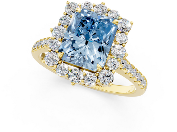 Yellow gold Fancy Blue Radiant  Halo Diamond Ring with Pavé Band and Prong Setting
