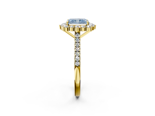 Yellow gold Fancy Blue Radiant  Halo Diamond Ring with Pavé Band and Prong Setting