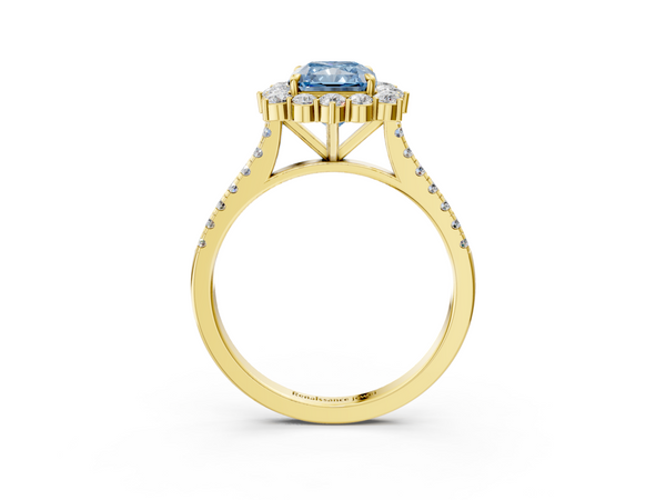 Yellow gold Fancy Blue Radiant  Halo Diamond Ring with Pavé Band and Prong Setting