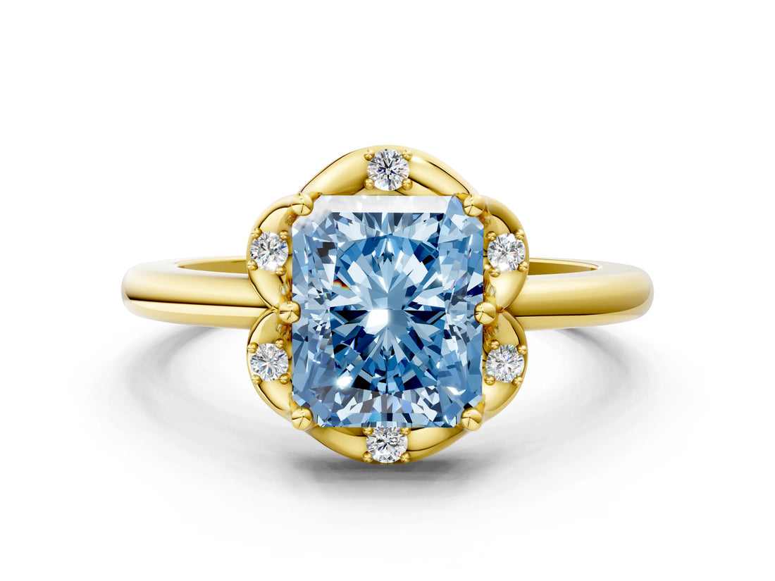 Yellow gold Fancy Blue Radiant  Halo Diamond Ring with Round Cluster Setting, Solitaire Band, and Four-Prong Setting_49