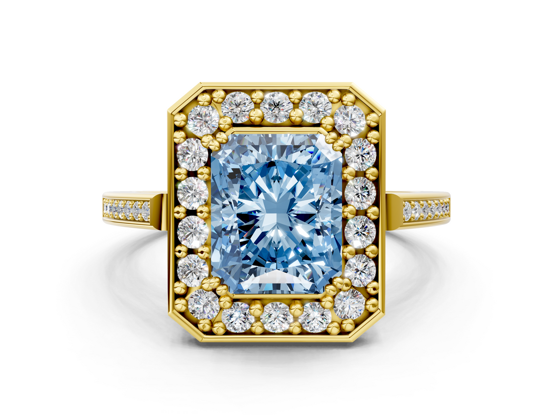 Yellow gold Fancy Blue Radiant  Halo Diamond Ring with Split Shank and Four-Prong Setting_52