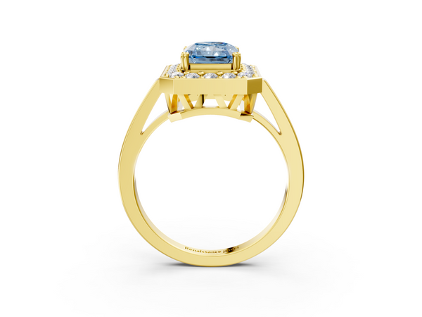 Yellow gold Fancy Blue Radiant Cut Diamond Halo Ring with Split Shank and Four-Prong Setting