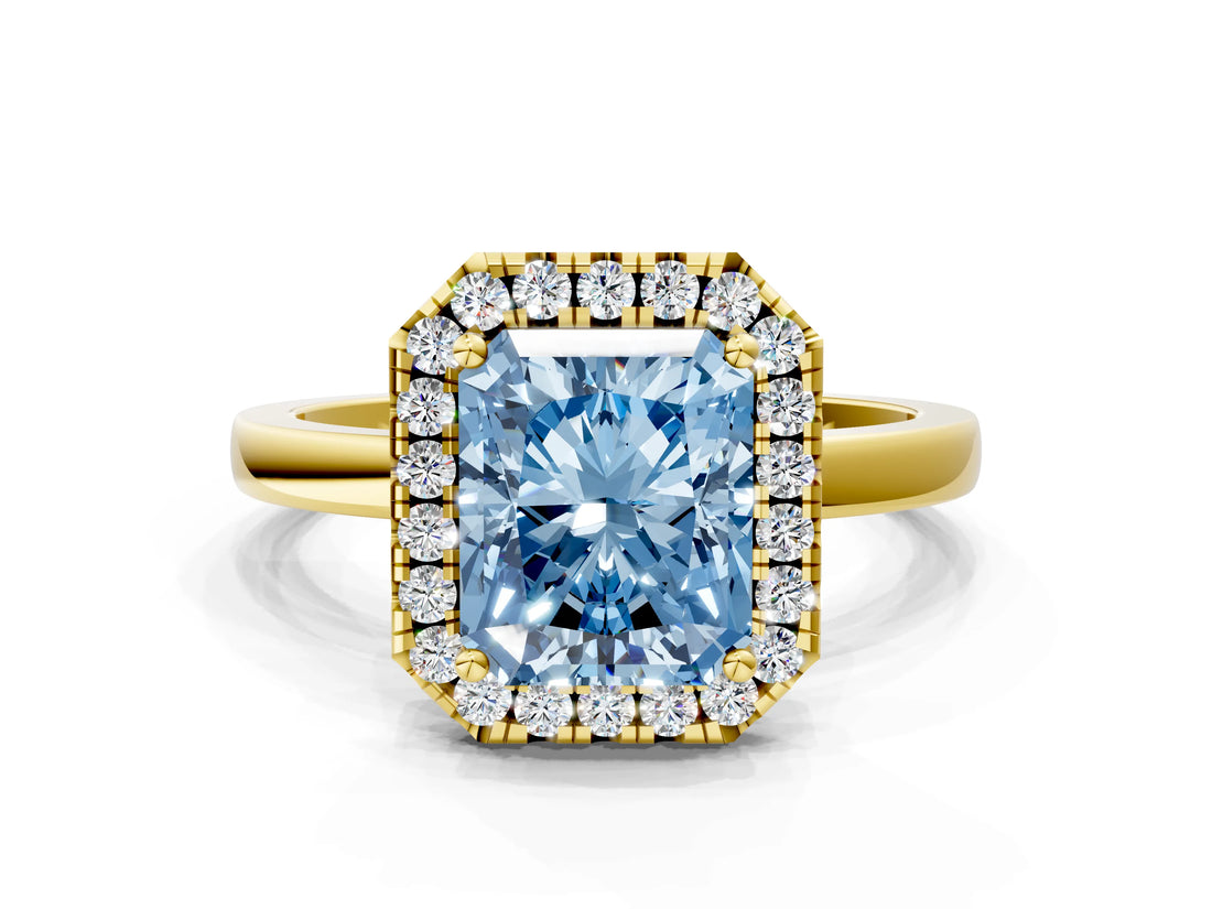 Yellow gold Fancy Blue Radiant  Halo Diamond Solitaire with Pavé Band and Four-Prong Setting_91