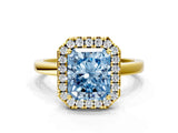 Yellow gold Fancy Blue Radiant  Halo Diamond Solitaire with Pavé Band and Four-Prong Setting_91