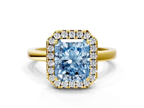 Yellow gold Fancy Blue Radiant  Halo Diamond Solitaire with Pavé Band and Four-Prong Setting