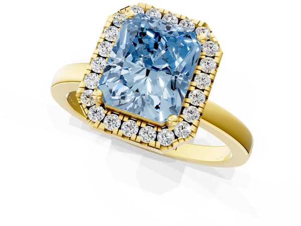 Yellow gold Fancy Blue Radiant  Halo Diamond Solitaire with Pavé Band and Four-Prong Setting