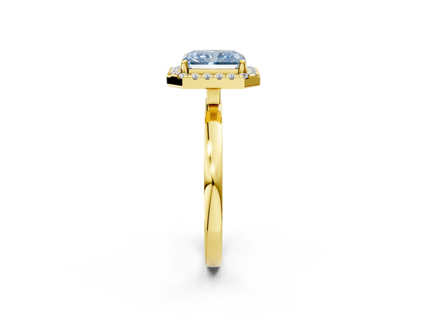 Yellow gold Fancy Blue Radiant  Halo Diamond Solitaire with Pavé Band and Four-Prong Setting
