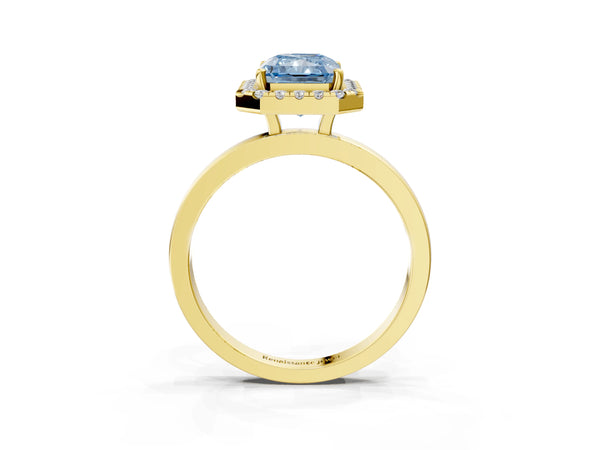 Yellow gold Fancy Blue Radiant  Halo Diamond Solitaire with Pavé Band and Four-Prong Setting