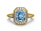 Yellow gold Fancy Blue Radiant  Halo Diamond Split Shank Ring with Milgrain Detail_49