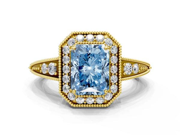 Yellow gold Fancy Blue Radiant  Halo Diamond Split Shank Ring with Milgrain Detail