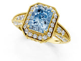 Yellow gold Fancy Blue Radiant  Halo Diamond Split Shank Ring with Milgrain Detail_50