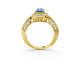 Yellow gold Fancy Blue Radiant  Halo Diamond Split Shank Ring with Milgrain Detail_52