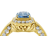 Yellow gold Fancy Blue Radiant  Halo Diamond Split Shank Ring with Milgrain Detail_53