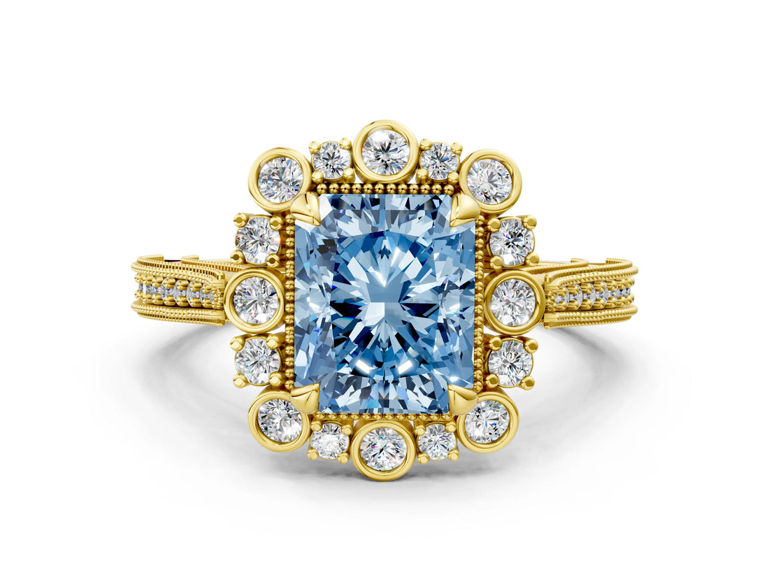 Yellow gold Fancy Blue Radiant  Halo Milgrain Pave Diamond Ring with Four-Prong Setting 1