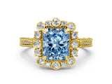 Yellow gold Fancy Blue Radiant  Halo Milgrain Pave Diamond Ring with Four-Prong Setting 1