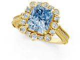 Yellow gold Fancy Blue Radiant  Halo Milgrain Pave Diamond Ring with Four-Prong Setting 2