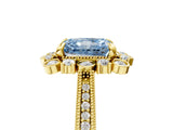 Yellow gold Fancy Blue Radiant  Halo Milgrain Pave Diamond Ring with Four-Prong Setting