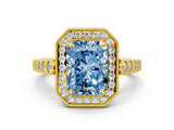 Yellow gold Fancy Blue Radiant  Halo Milgrain Solitaire with Bezel Set Side Stones and Pave Band_32