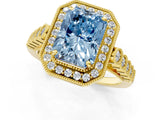 Yellow gold Fancy Blue Radiant  Halo Milgrain Solitaire with Bezel Set Side Stones and Pave Band_33
