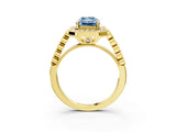 Yellow gold Fancy Blue Radiant  Halo Milgrain Solitaire with Bezel Set Side Stones and Pave Band_35
