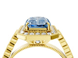 Yellow gold Fancy Blue Radiant  Halo Milgrain Solitaire with Bezel Set Side Stones and Pave Band_36