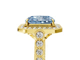 Yellow gold Fancy Blue Radiant  Halo Milgrain Solitaire with Bezel Set Side Stones and Pave Band_37