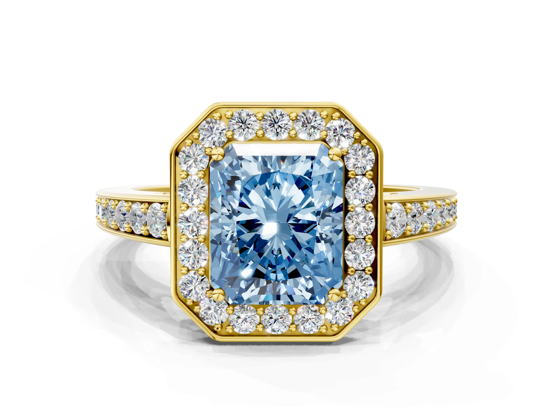 Yellow gold Fancy Blue Radiant  Halo Pavé Diamond Engagement Ring with Bezel Setting_37