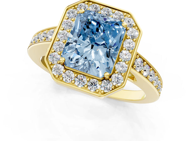 Yellow gold Fancy Blue Radiant  Halo Pavé Diamond Engagement Ring with Bezel Setting