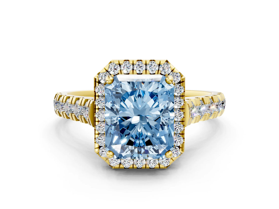 Yellow gold Fancy Blue Radiant  Halo Pavé Diamond Engagement Ring with Four-Prong Setting_27