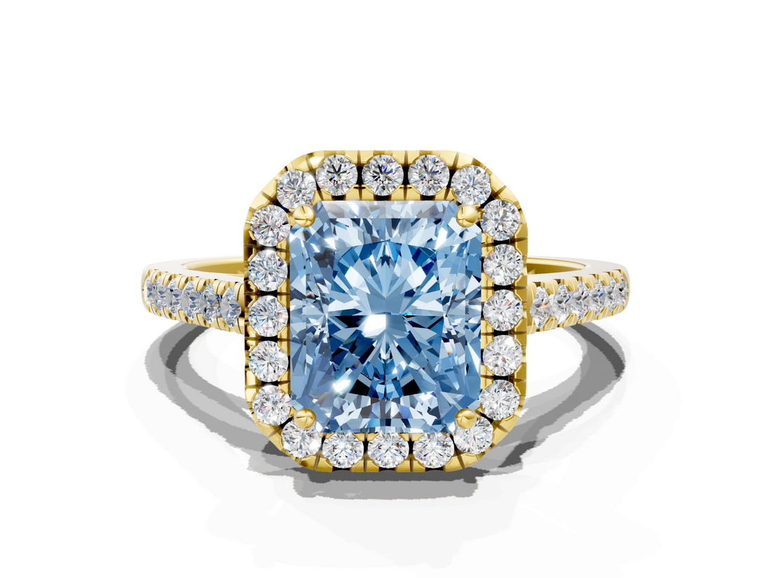 Yellow gold Fancy Blue Radiant  Halo Pavé Diamond Engagement Ring with Four-Prong Setting_3
