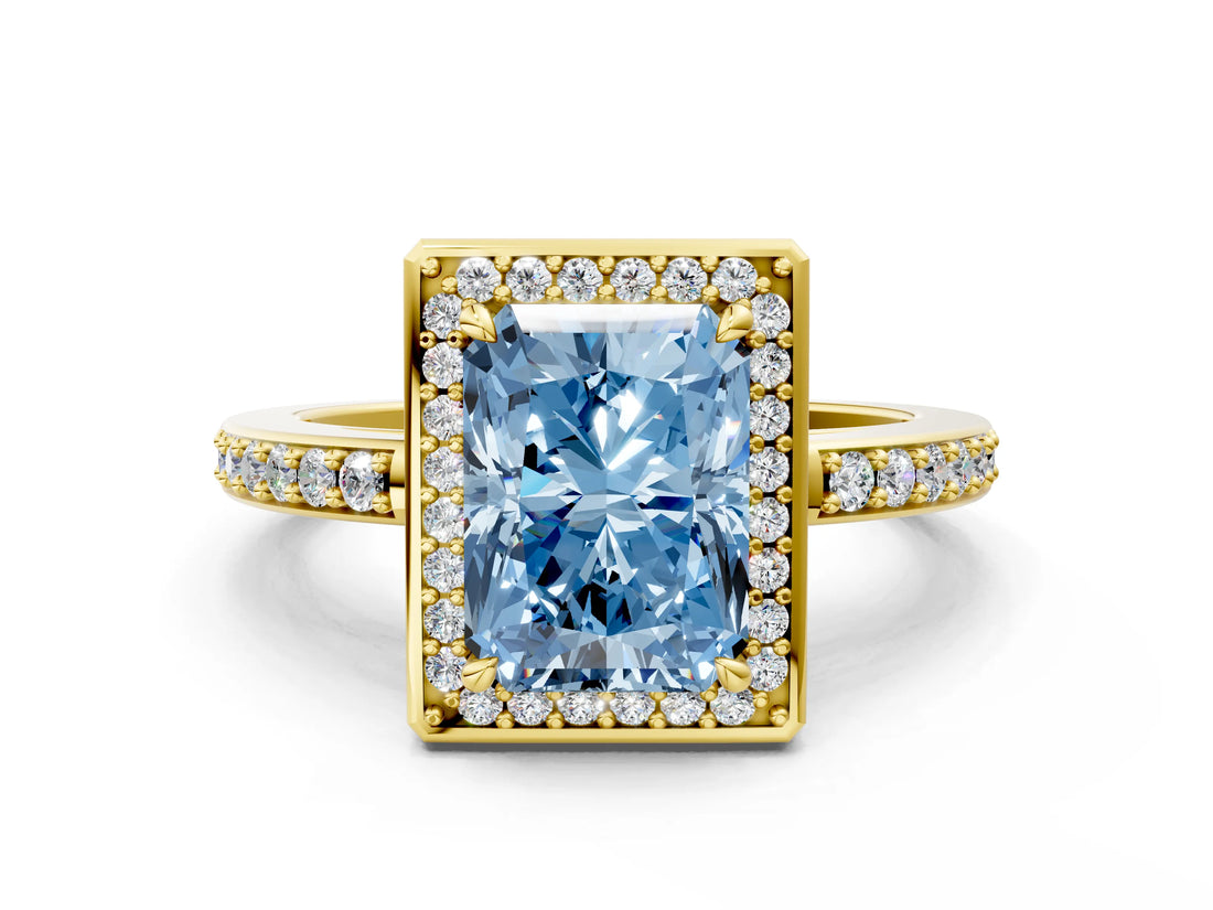 Yellow gold Fancy Blue Radiant  Halo Pave Band Solitaire Ring with Prong Setting_65