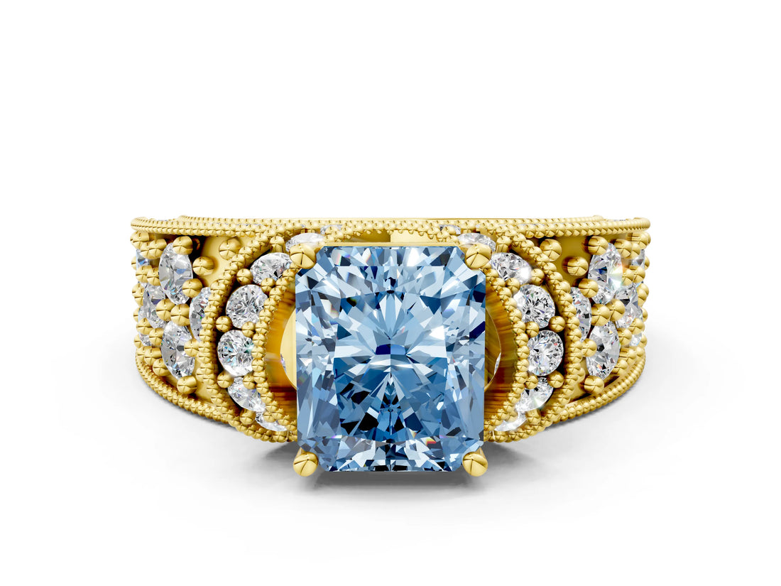 Yellow gold Fancy Blue Radiant  Halo Pave Diamond Engagement Ring with Milgrain Detailing_69