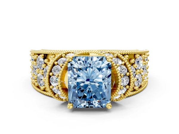 Yellow Gold Radiant Cut Vintage Milgrain Pave Engagement Ring Setting for Fancy Blue Center