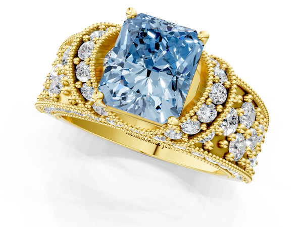 Yellow Gold Radiant Cut Vintage Milgrain Pave Engagement Ring Setting for Fancy Blue Center