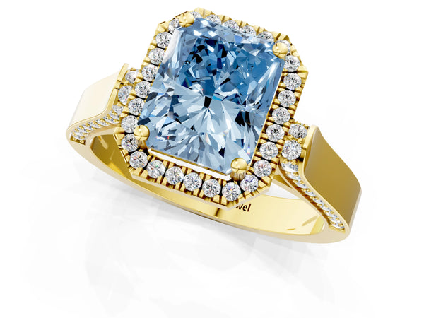 Yellow gold Fancy Blue Radiant  Halo Pave Split Shank Prong Setting Ring