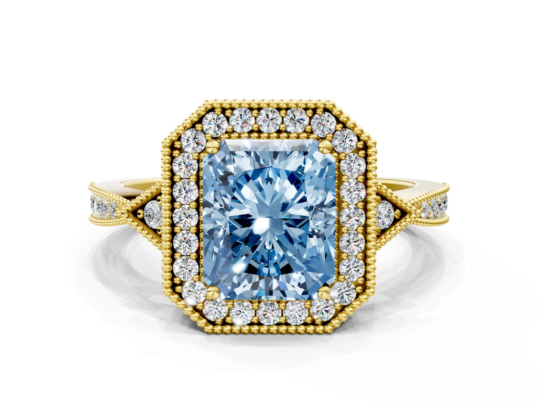 Yellow gold Fancy Blue Radiant  Halo Round Diamond Milgrain Pave Engagement Ring_3