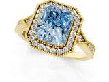 Yellow gold Fancy Blue Radiant  Halo Round Diamond Milgrain Pave Engagement Ring_4
