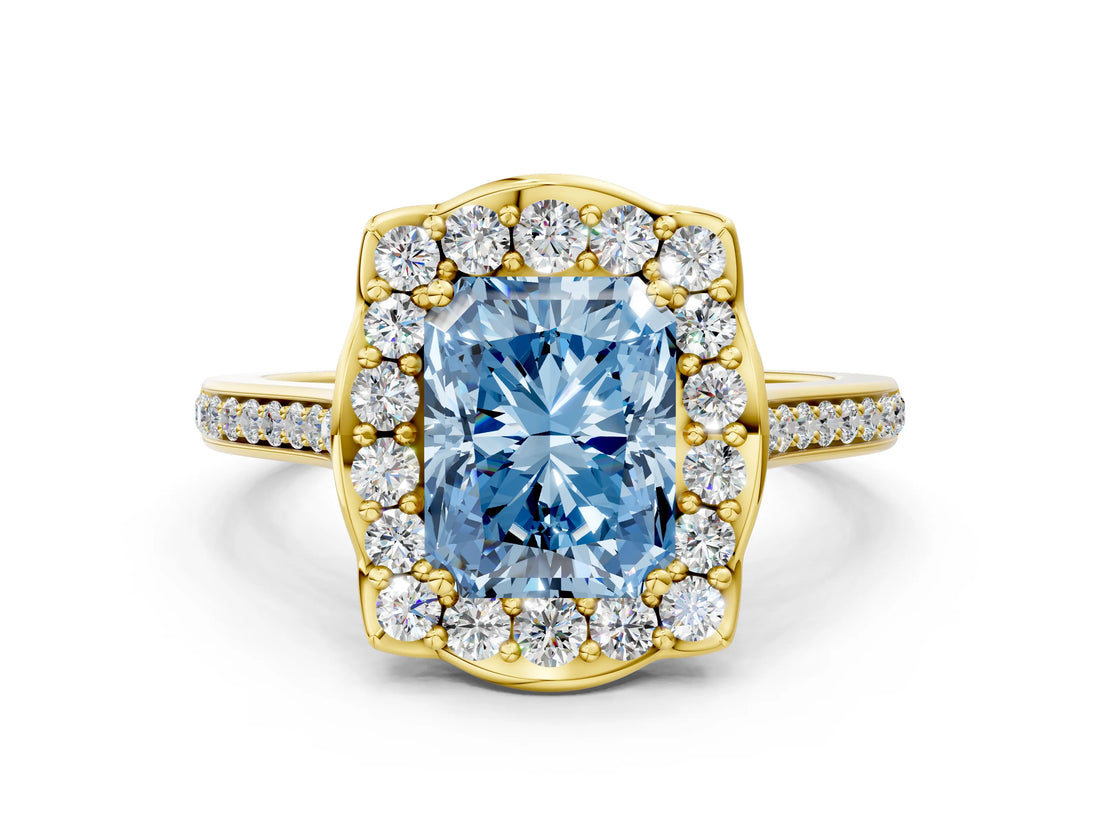 Yellow gold Fancy Blue Radiant  Halo Round Diamond Pave Band with Four-Prong Setting_38