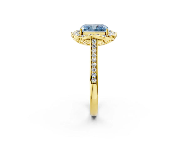 Yellow Gold Radiant Cut Petal-Tip Halo Pave Engagement Ring Setting for Fancy Blue Center