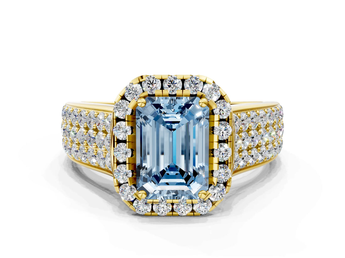 Yellow gold Fancy Blue Radiant  Halo Round Diamond Pave Band with Prong Setting 1