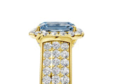 Yellow gold Fancy Blue Radiant  Halo Round Diamond Pave Band with Prong Setting