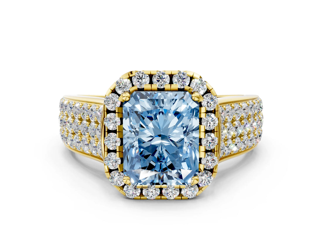 Yellow gold Fancy Blue Radiant  Halo Round Diamond Pave Band with Prong Setting_13