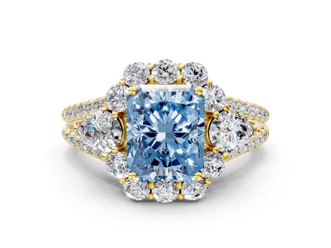 Yellow gold Fancy Blue Radiant  Halo Split Shank Diamond Engagement Ring with Prong Setting_20
