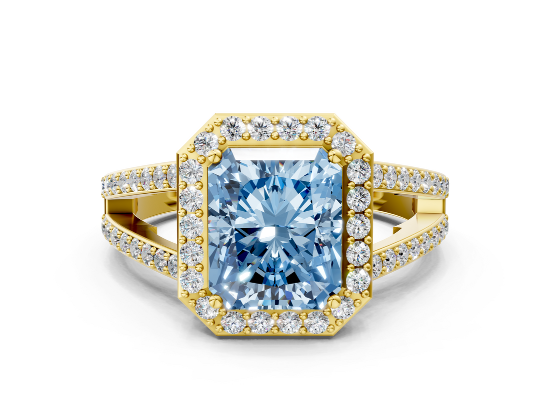 Yellow gold Fancy Blue Radiant  Halo Split Shank Diamond Ring with Four-Prong Setting_32