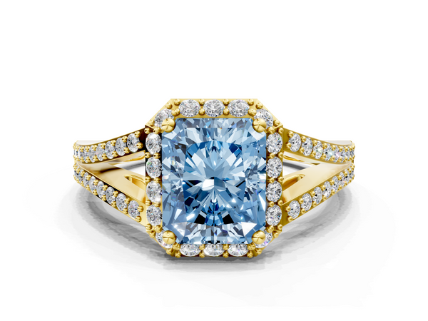 Yellow gold Fancy Blue Radiant  Halo Split Shank Diamond Ring with Prong Setting